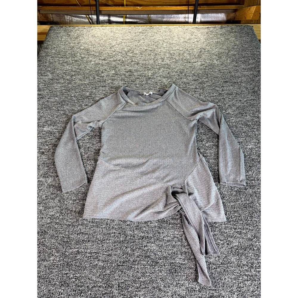 White Birch Blouse Top Womens Small Gray Ribbed Knit Raglan Sleeve Tie Front Hem